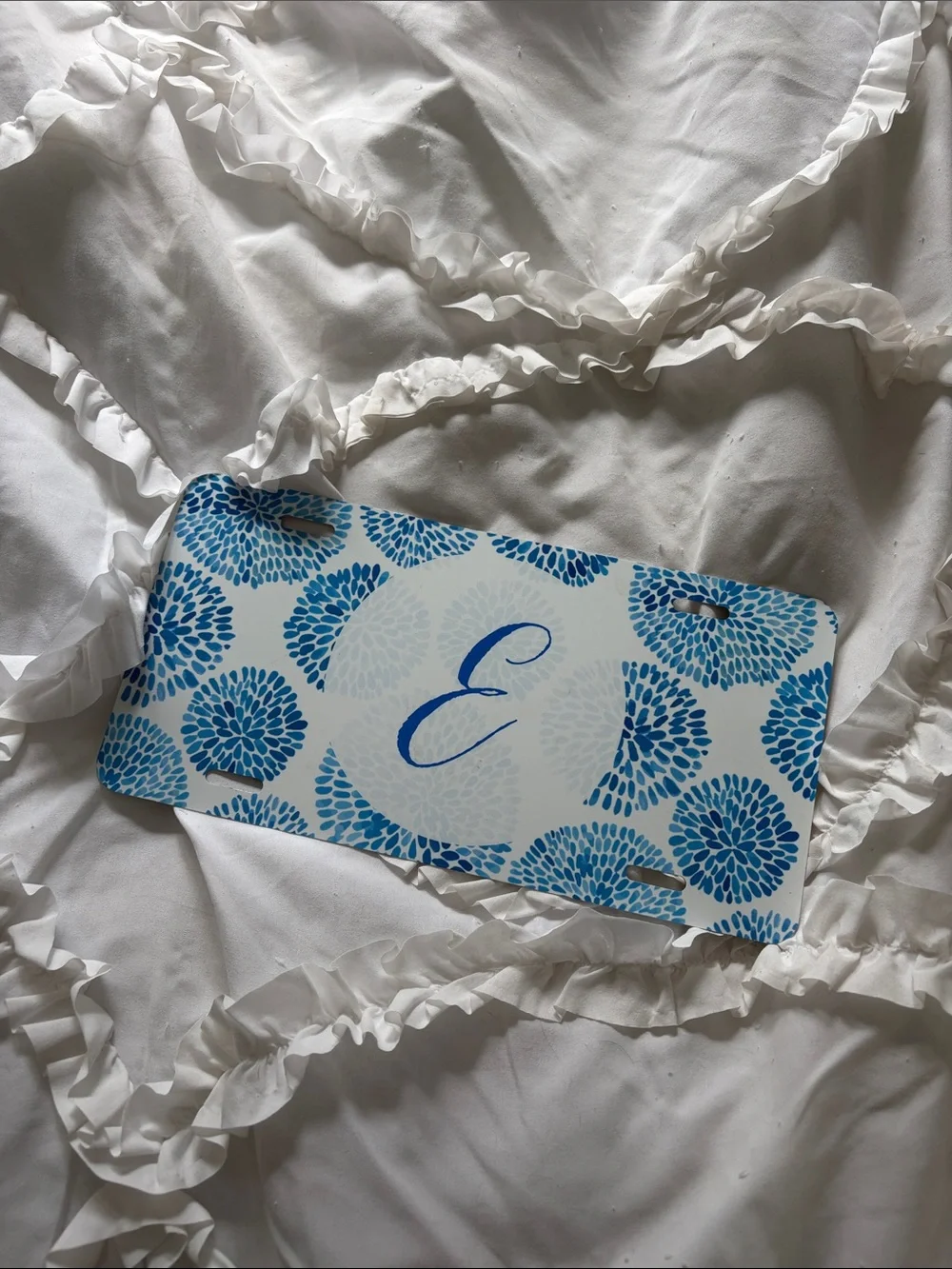 Monogrammed 'E' Decorative Plate - Blue Floral Design on White